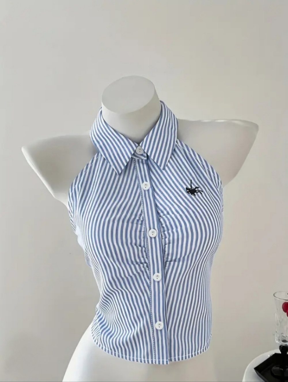 Women Blue & White Striped Collared Button Sleveless Top